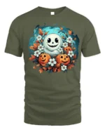 Smiling Ghost Pumpkin Floral Halloween T-Shirt - military green t-shirt on white background