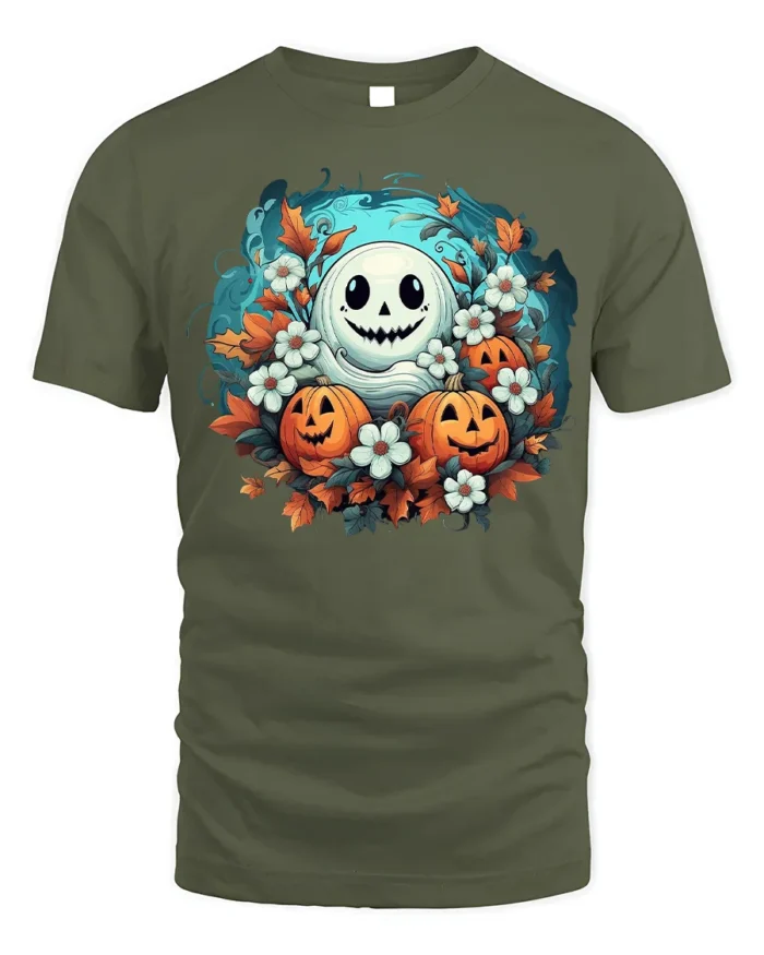 Smiling Ghost Pumpkin Floral Halloween T-Shirt - military green t-shirt on white background