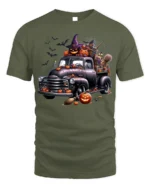 Halloween Pumpkin Witch Vintage Truck T-Shirt - military green t-shirt on white background