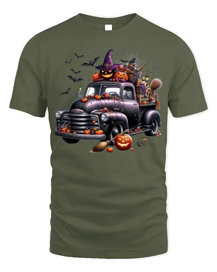 Halloween Pumpkin Witch Vintage Truck T-Shirt - military green t-shirt on white background
