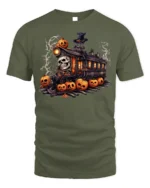 Haunted Pumpkin Skull Halloween Train T-Shirt - military green t-shirt on white background