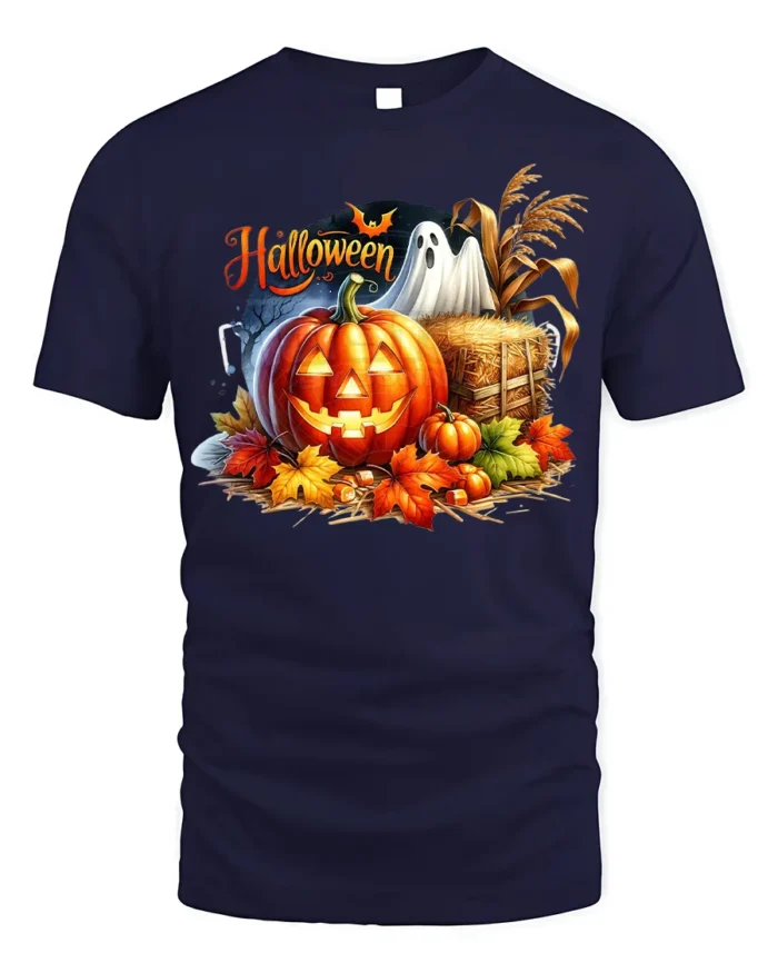 Halloween Pumpkin Ghost Scene Graphic T-Shirt - navy t-shirt on white background