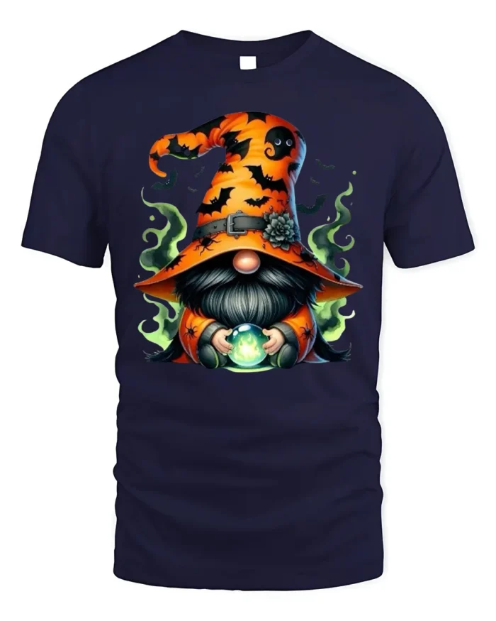 Halloween Gnome Wizard Crystal Ball T-Shirt - navy t-shirt on white background