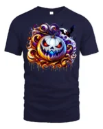 Scary White Pumpkin Halloween Graphic T-Shirt - navy t-shirt on white background