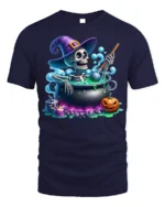 Funny Skeleton Witch Cauldron Halloween T-Shirt - navy t-shirt on white background