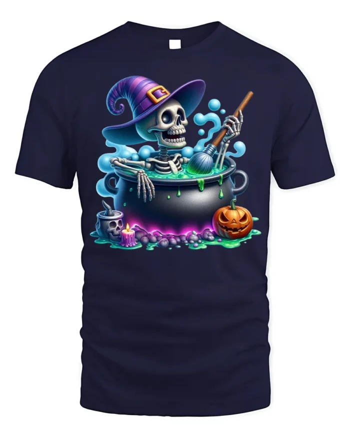 Funny Skeleton Witch Cauldron Halloween T-Shirt - navy t-shirt on white background