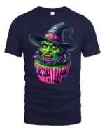 Creepy Witch Cupcake Halloween Graphic T-Shirt - navy t-shirt on white background