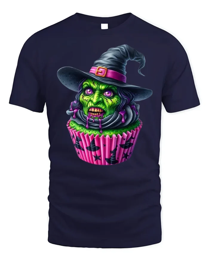 Creepy Witch Cupcake Halloween Graphic T-Shirt - navy t-shirt on white background