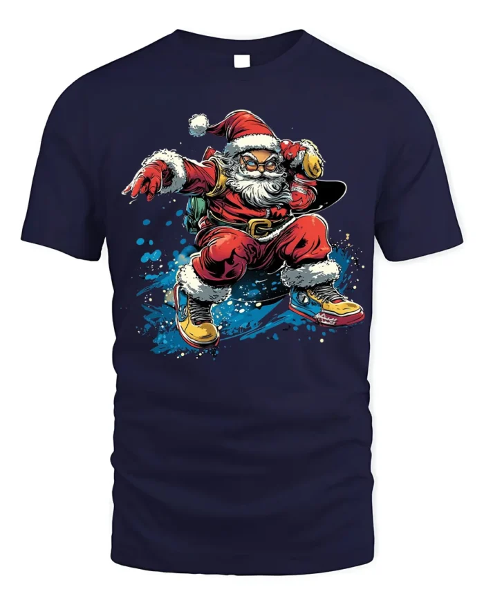 Cool Skateboarding Santa Christmas T-Shirt - navy t-shirt on white background