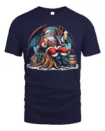 Santa Drinking Beer with Dragon Christmas T-Shirt - navy t-shirt on white background