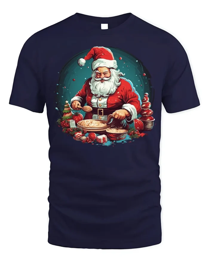 Santa Baking Christmas Cookies Graphic T-Shirt - navy t-shirt on white background