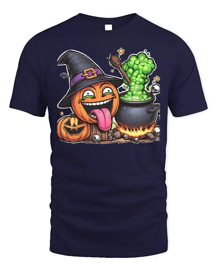 Funny Pumpkin Witch Cauldron Halloween T-Shirt - navy t-shirt on white background