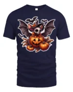 Halloween Bat Skull Pumpkin Graphic T-Shirt - navy t-shirt on white background