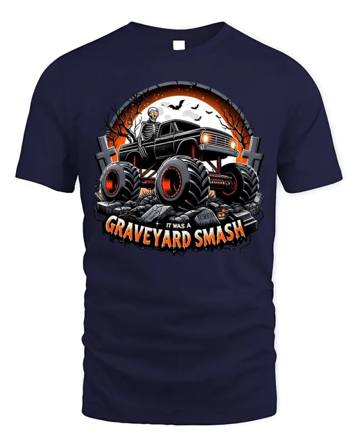 Graveyard Smash Skeleton Monster Truck T-Shirt - navy t-shirt on white background