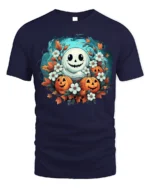 Smiling Ghost Pumpkin Floral Halloween T-Shirt - navy t-shirt on white background