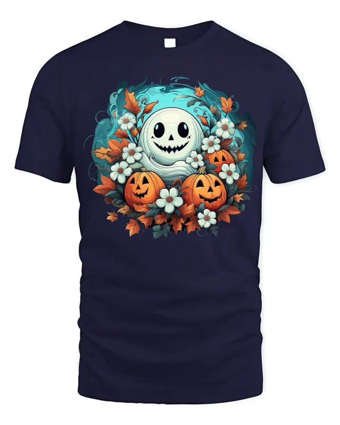 Smiling Ghost Pumpkin Floral Halloween T-Shirt - navy t-shirt on white background