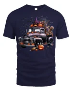 Halloween Pumpkin Witch Vintage Truck T-Shirt - navy t-shirt on white background