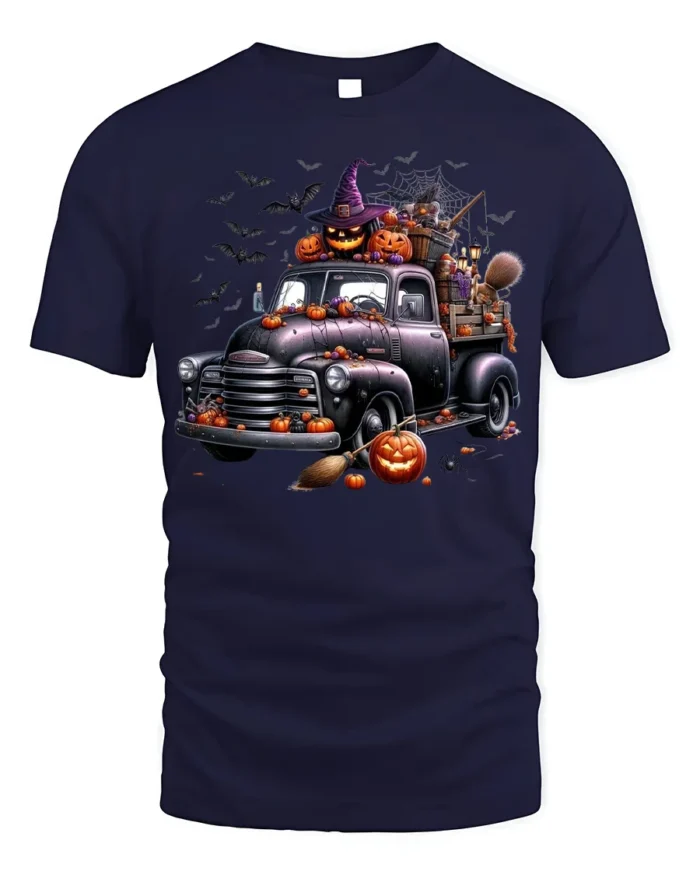 Halloween Pumpkin Witch Vintage Truck T-Shirt - navy t-shirt on white background