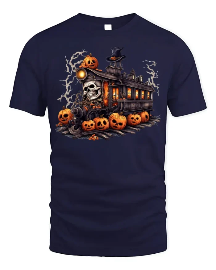 Haunted Pumpkin Skull Halloween Train T-Shirt - navy t-shirt on white background