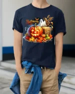 Halloween Pumpkin Ghost Scene Graphic T-Shirt - model wearing navy shirt, hands in pockets
