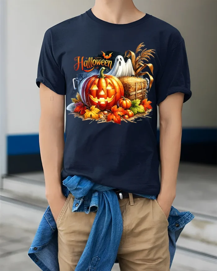 Halloween Pumpkin Ghost Scene Graphic T-Shirt - model wearing navy shirt, hands in pockets