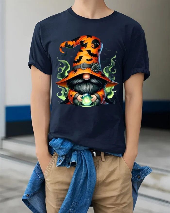 Halloween Gnome Wizard Crystal Ball T-Shirt - model wearing navy shirt, hands in pockets