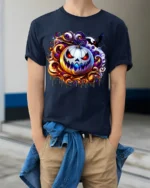 Scary White Pumpkin Halloween Graphic T-Shirt - model wearing navy shirt, hands in pockets
