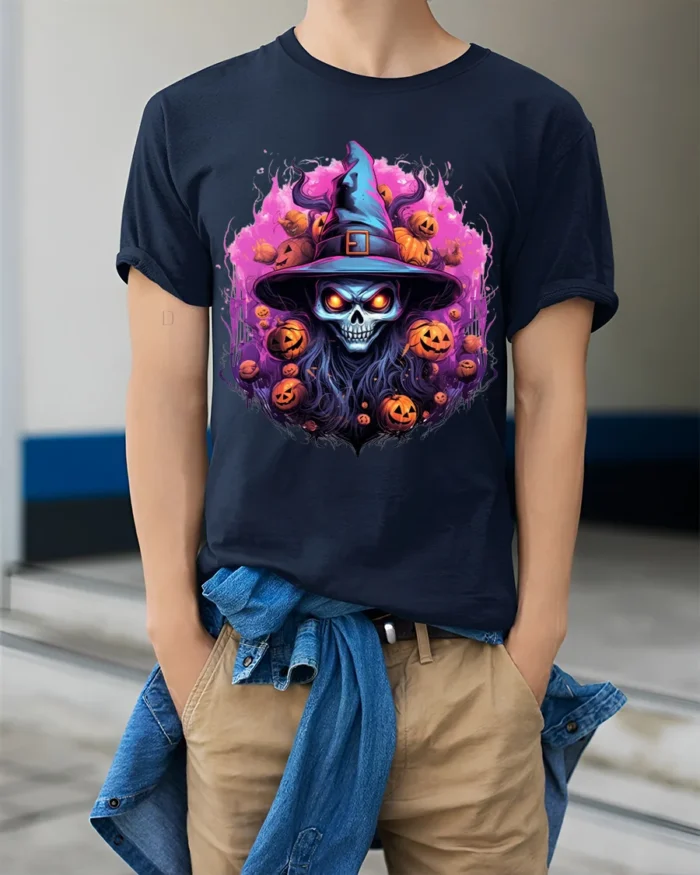 Scary Witch Skull Pumpkin Halloween T-Shirt - model wearing navy shirt, hands in pockets