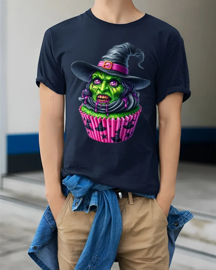 Creepy Witch Cupcake Halloween Graphic T-Shirt - model wearing navy shirt, hands in pockets