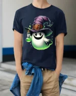 Cute Ghost Witch Potion Halloween T-Shirt - model wearing navy shirt, hands in pockets