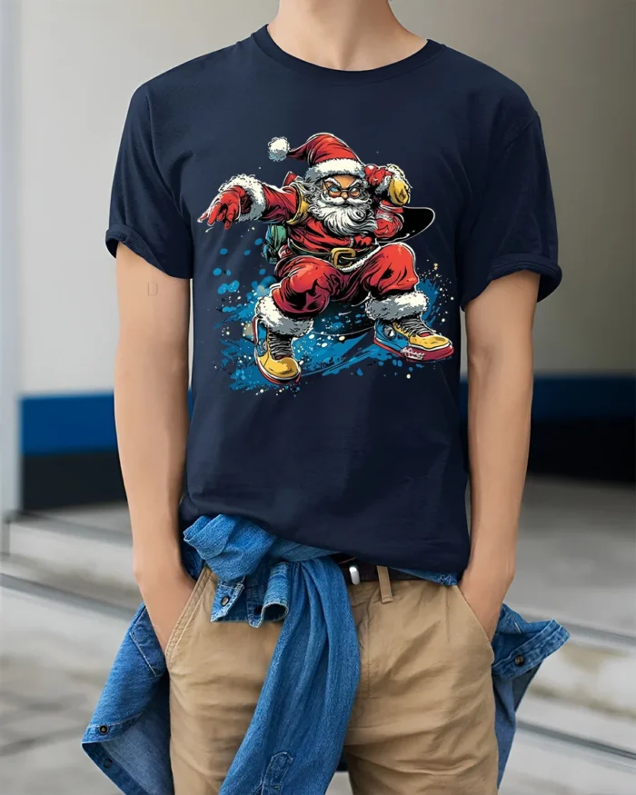 Cool Skateboarding Santa Christmas T-Shirt - model wearing navy shirt, hands in pockets