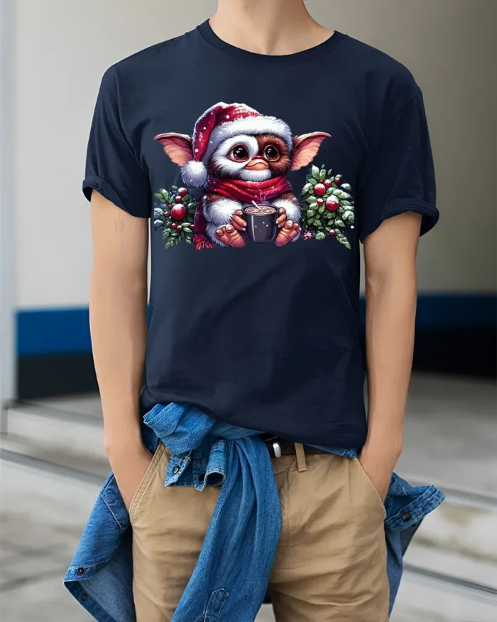 Cute Christmas Gizmo Cocoa Holiday T-Shirt - model wearing navy shirt, hands in pockets