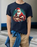 Santa Baking Christmas Cookies Graphic T-Shirt - model wearing navy shirt, hands in pockets