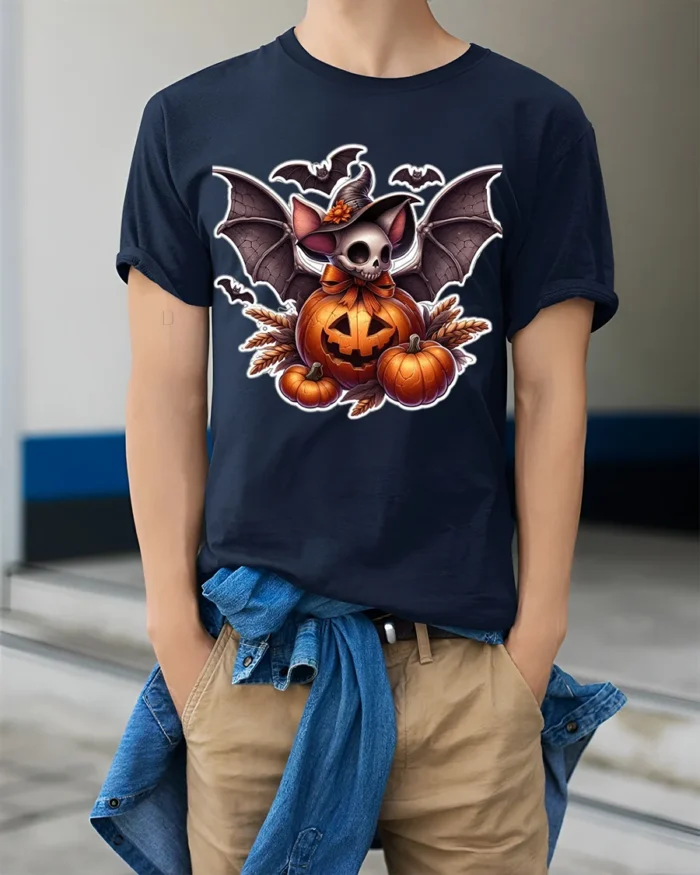 Halloween Bat Skull Pumpkin Graphic T-Shirt - model wearing navy shirt, hands in pockets