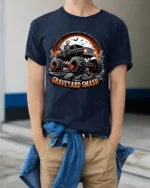 Graveyard Smash Skeleton Monster Truck T-Shirt - model wearing navy shirt, hands in pockets
