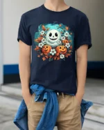 Smiling Ghost Pumpkin Floral Halloween T-Shirt - model wearing navy shirt, hands in pockets