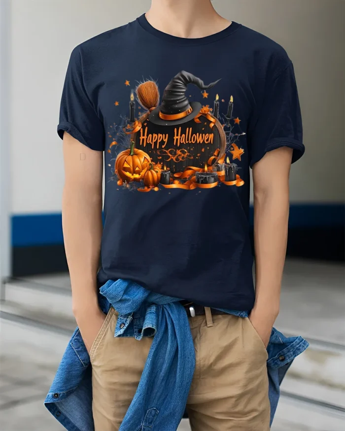 Witch Hat Pumpkin Happy Halloween T-Shirt - model wearing navy shirt, hands in pockets
