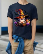 Halloween Wizard Gnome Magic Potion T-Shirt - model wearing navy shirt, hands in pockets