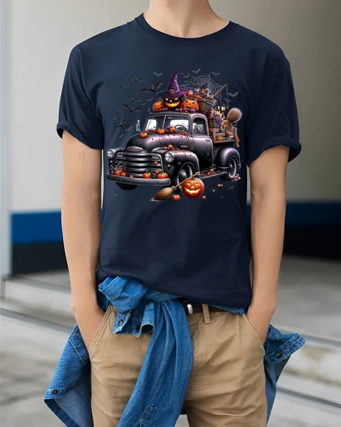 Halloween Pumpkin Witch Vintage Truck T-Shirt - model wearing navy shirt, hands in pockets