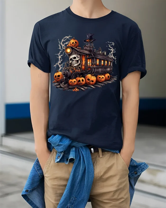 Haunted Pumpkin Skull Halloween Train T-Shirt - model wearing navy shirt, hands in pockets