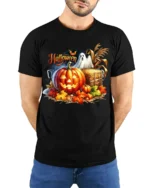 Halloween Pumpkin Ghost Scene Graphic T-Shirt - model wearing black shirt, hands behind back