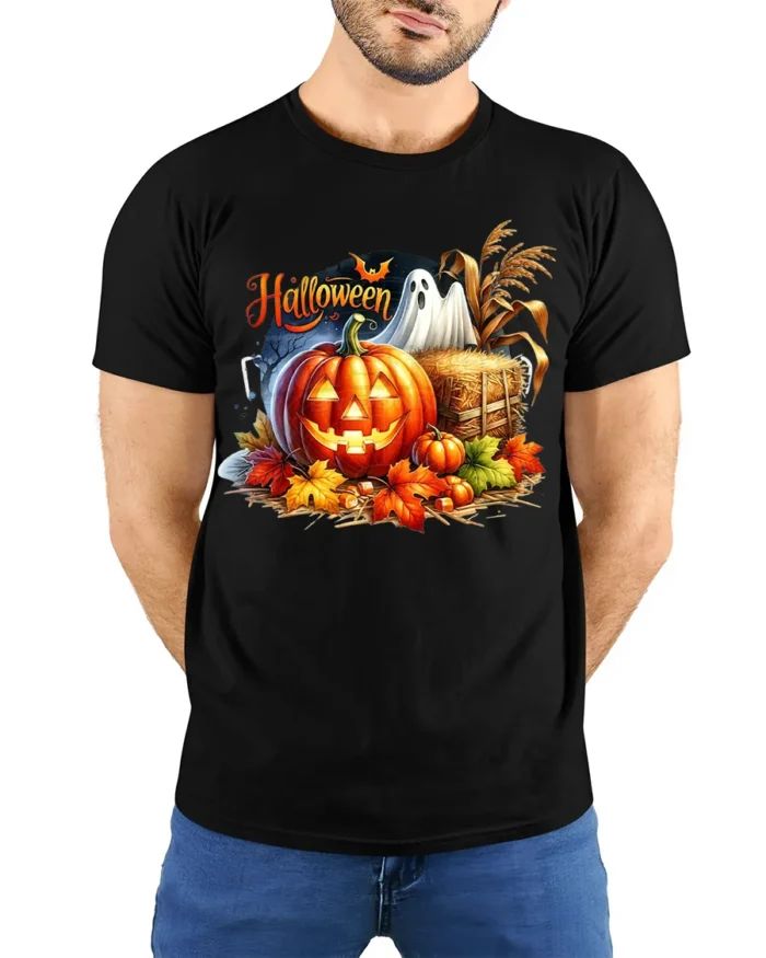Halloween Pumpkin Ghost Scene Graphic T-Shirt - model wearing black shirt, hands behind back