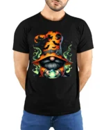 Halloween Gnome Wizard Crystal Ball T-Shirt - model wearing black shirt, hands behind back