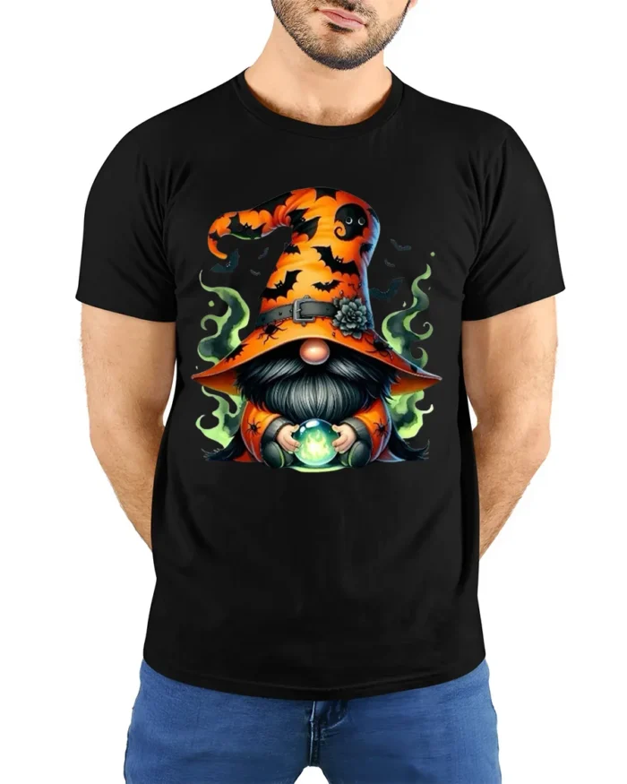Halloween Gnome Wizard Crystal Ball T-Shirt - model wearing black shirt, hands behind back