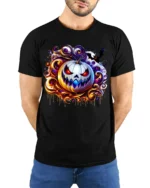 Scary White Pumpkin Halloween Graphic T-Shirt - model wearing black shirt, hands behind back