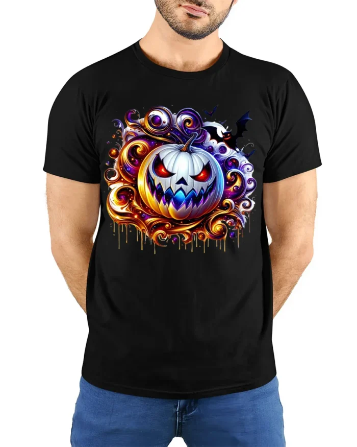 Scary White Pumpkin Halloween Graphic T-Shirt - model wearing black shirt, hands behind back