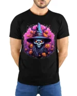 Scary Witch Skull Pumpkin Halloween T-Shirt - model wearing black shirt, hands behind back