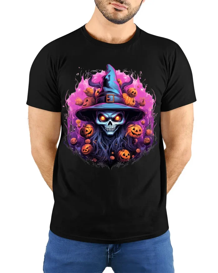 Scary Witch Skull Pumpkin Halloween T-Shirt - model wearing black shirt, hands behind back