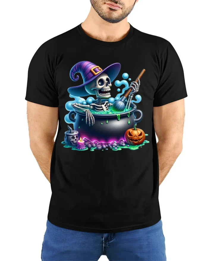 Funny Skeleton Witch Cauldron Halloween T-Shirt - model wearing black shirt, hands behind back