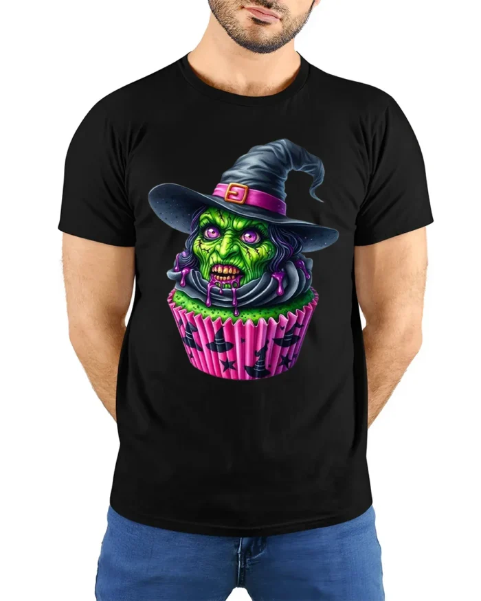 Creepy Witch Cupcake Halloween Graphic T-Shirt - model wearing black shirt, hands behind back